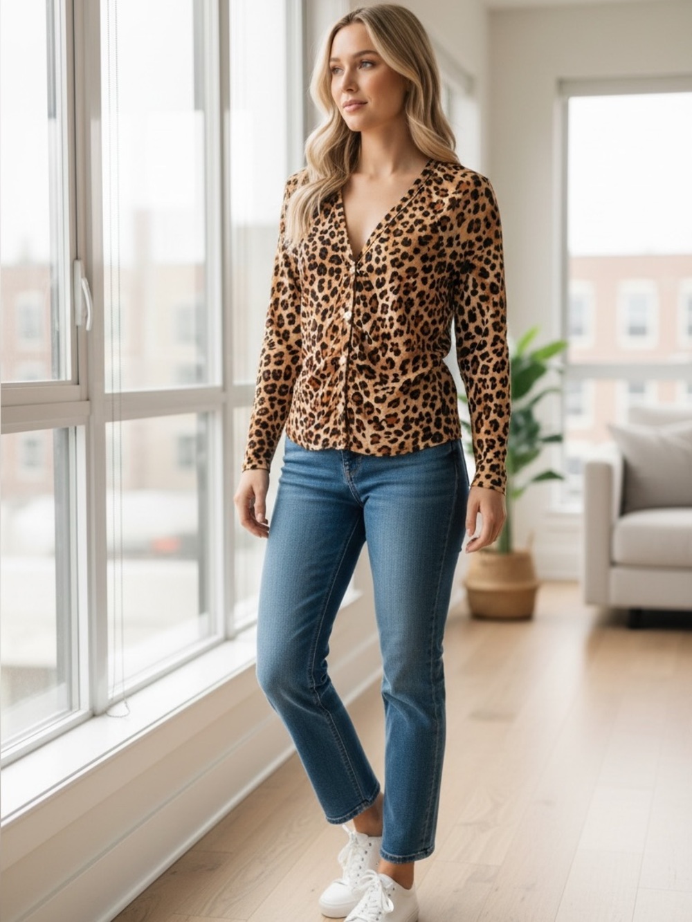 Zara Leopard Print V-Neck Button Front Top - Brown & Black